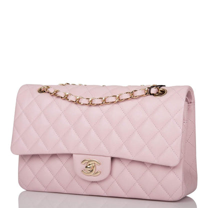Chanel Rose Clair Quilted Caviar Medium Classic Double Flap Bag Light Gold Hardware