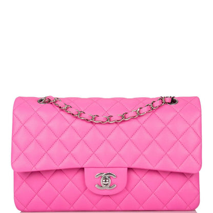 Chanel Neon Pink Quilted Lambskin Medium Classic Double Flap Bag Silver Hardware