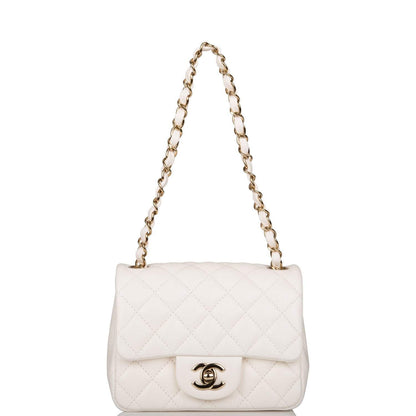 Chanel White Quilted Lambskin Square Mini Classic Flap Bag Light Gold Hardware