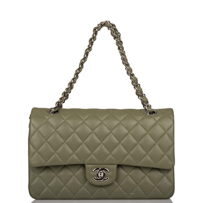 Chanel Green Quilted Lambskin Medium Classic Double Flap Bag Silver Hardware