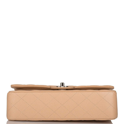 Chanel Medium Classic Double Flap Bag Beige Quilted Caviar Silver Hardware