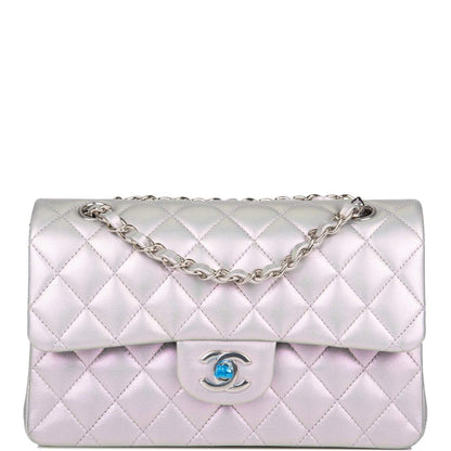 Chanel Small Classic Double Flap Bag Silver Iridescent Lambskin Silver Hardware