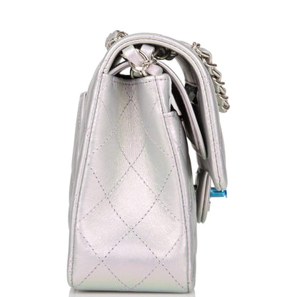 Chanel Small Classic Double Flap Bag Silver Iridescent Lambskin Silver Hardware