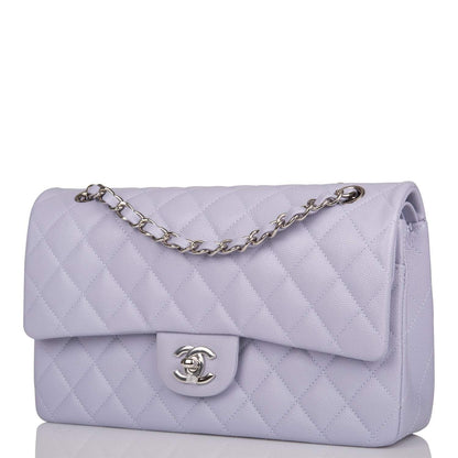 Chanel Medium Classic Double Flap Bag Lavender Quilted Caviar Silver Hardware