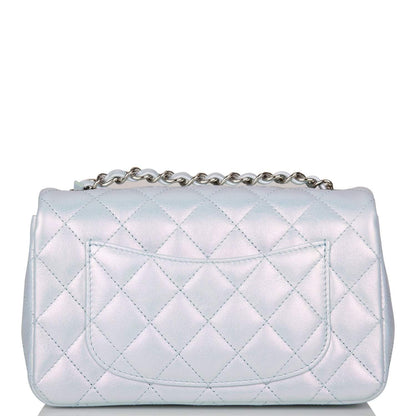 Chanel Mini Rectangular Flap Bag Blue Iridescent Lambskin Silver Hardware