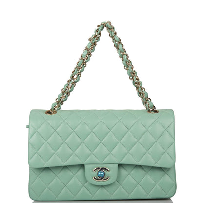Chanel Light Green Quilted Lambskin Medium Classic Double Flap Bag Light Gold Hardware