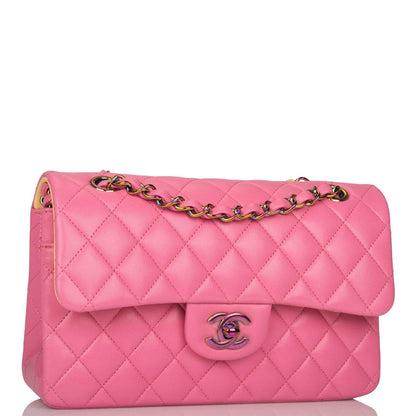 Chanel Pink Quilted Lambskin Small Classic Double Flap Bag Rainbow Hardware