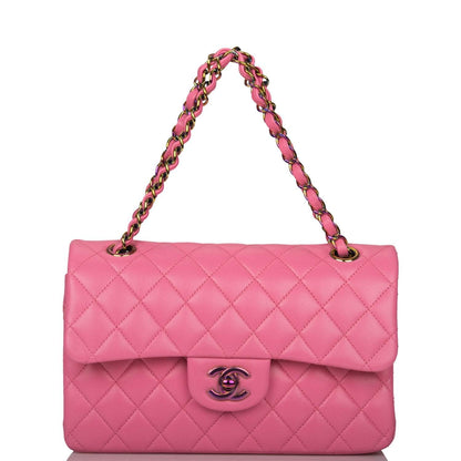 Chanel Pink Quilted Lambskin Small Classic Double Flap Bag Rainbow Hardware