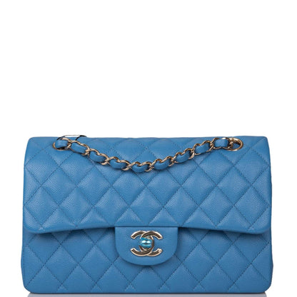 Chanel Blue Quilted Caviar Small Classic Double Flap Bag Light Gold Hardware