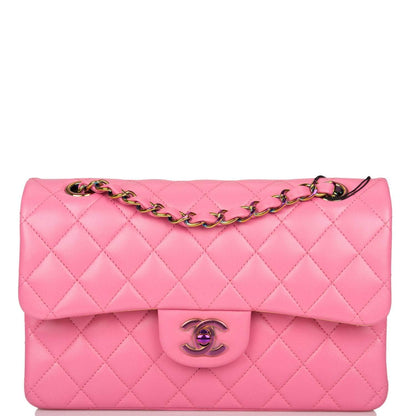 Chanel Pink Quilted Lambskin Small Classic Double Flap Bag Rainbow Hardware