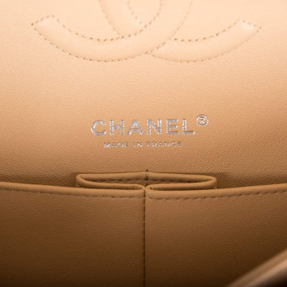 Chanel Beige Quilted Caviar Medium Classic Double Flap Bag Silver Hardware