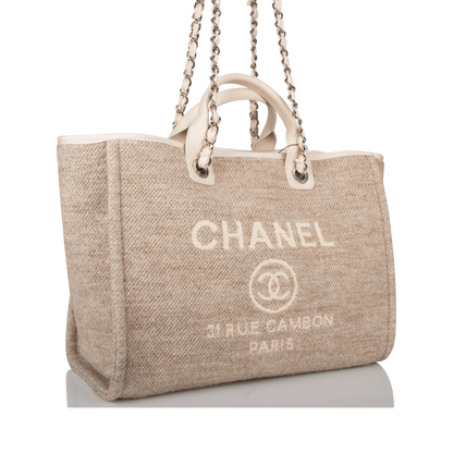 Chanel Beige Wool Large Deauville Shopping Bag Silver Hardware