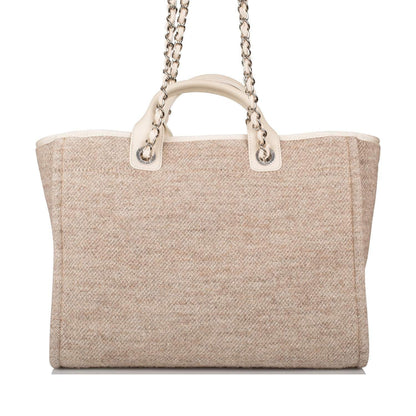 Chanel Beige Wool Large Deauville Shopping Bag Silver Hardware