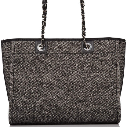Chanel Small Deauville Shopping Bag Black Wool Silver Hardware