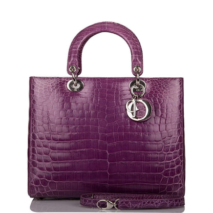 Christian Dior Purple Large Lady Dior Crocodile Tote Silver Hardware
