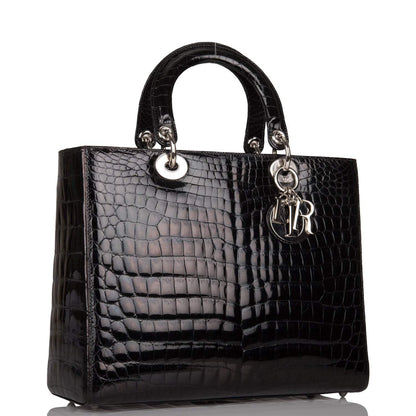 Christian Dior Black Large Lady Dior Crocodile Tote Silver Hardware