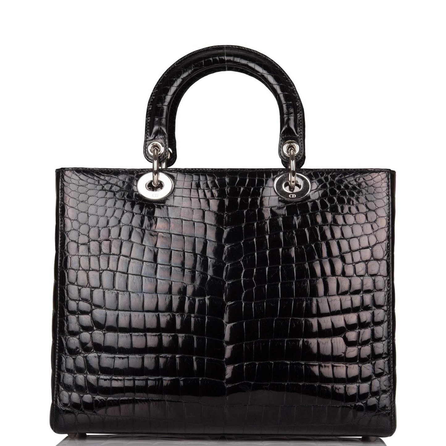 Christian Dior Black Large Lady Dior Crocodile Tote Silver Hardware