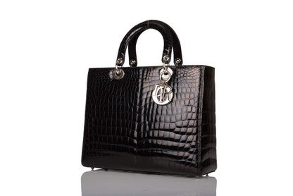 Christian Dior Black Large Lady Dior Crocodile Tote Silver Hardware