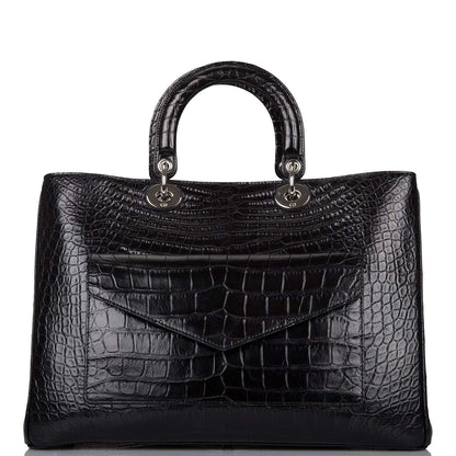 Christian Dior Black Diorissimo Pocket Matte Alligator Tote Silver Hardware