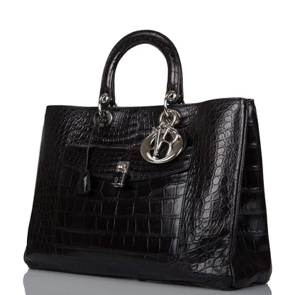 Christian Dior Black Diorissimo Pocket Matte Alligator Tote Silver Hardware