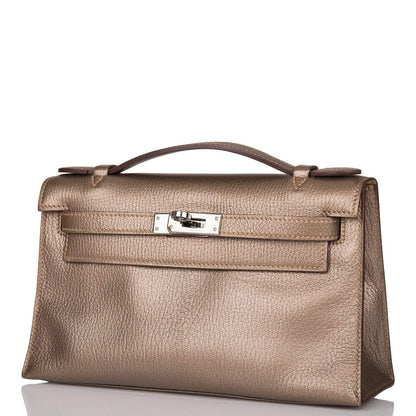 Vintage Hermes Kelly Pochette Bronze Chèvre Ruthenium Hardware