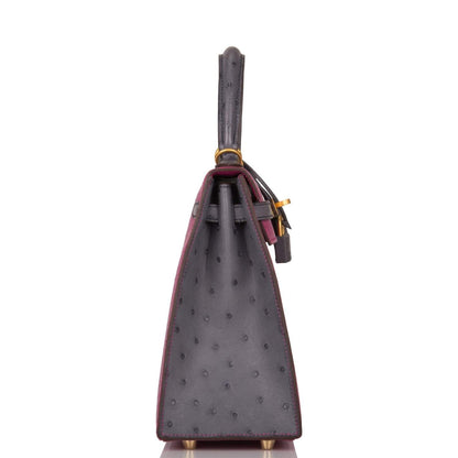 Hermes Horseshoe Stamp (HSS) Bi-Color Rose Pourpre and Gris Agate Ostrich Sellier Kelly 25cm Brushed Gold Hardware