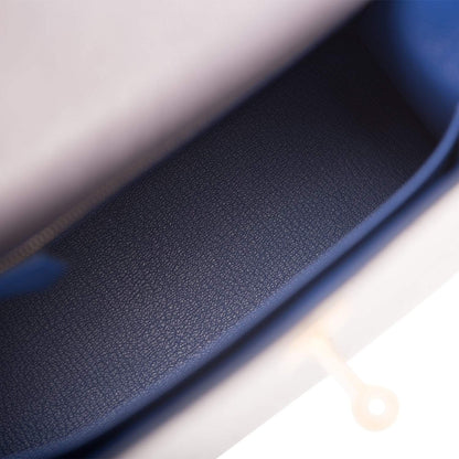 Hermes Horseshoe Stamp (HSS) Bi-Color Gris Agate and Bleu Electric Ostrich Sellier Kelly 25cm Brushed Gold Hardware
