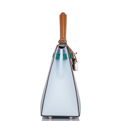 Hermes Tri-Color Bleu Brume, Vert Jade and Gold Epsom Sellier Kelly 25cm Palladium Hardware