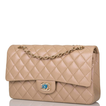 Chanel Dark Beige Iridescent Quilted Caviar Medium Classic Double Flap Bag Light Gold Hardware