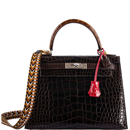 Hermes Kelly 28 Sellier Macassar, Ebene, Miel and Rose Extreme Alligator Palladium Hardware - 2021, Z