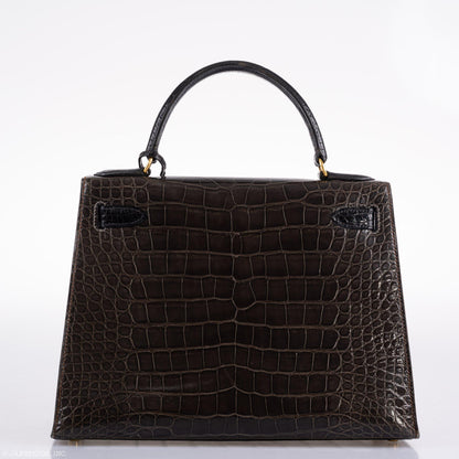 Hermes Kelly 28 Sellier Miel, Graphite & Black Alligator with Gold Hardware - 1995, Y Circle