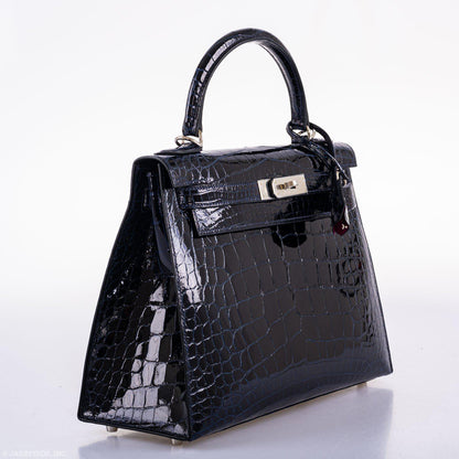 Hermes Kelly 28 Sellier Verso Blue Marine Nilo Crocodile & Rose Scheherazade Palladium Hardware - 2019, D