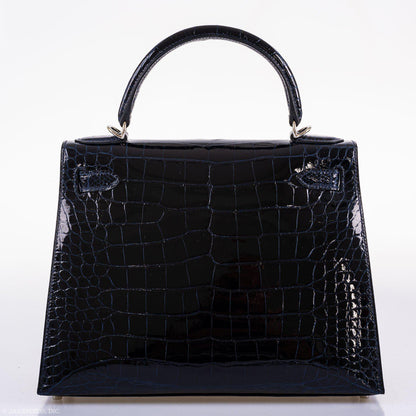 Hermes Kelly 28 Sellier Verso Blue Marine Nilo Crocodile & Rose Scheherazade Palladium Hardware - 2019, D
