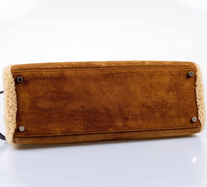 Hermes Kelly 35 Retourne Teddy Shearling & Ebene Barenia Palladium Hardware