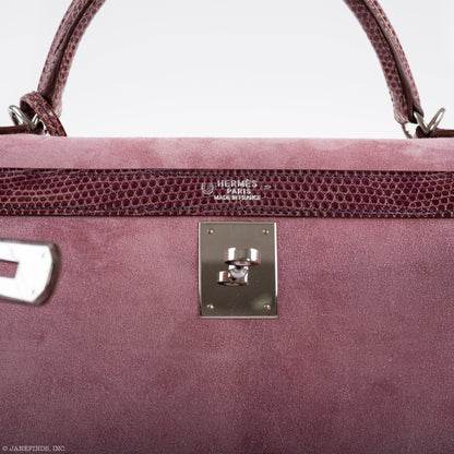 Hermes Unique HSS Kelly 32 Sellier Rose Indienne Doblis Suede & Mauve Lizard with Palladium Hardware - 2012, N Square