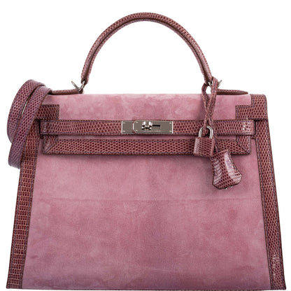 Hermes Unique HSS Kelly 32 Sellier Rose Indienne Doblis Suede & Mauve Lizard with Palladium Hardware - 2012, N Square