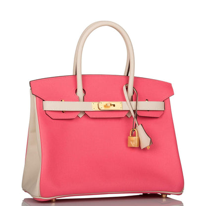 Hermes Birkin 30cm Bi-Color Craie and Rose Azalee Epsom Brushed Gold Hardware