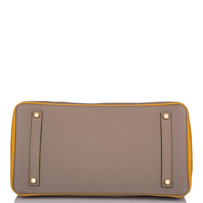 Hermes Birkin 35 Etoupe and Jaune Ambre Togo Brushed Gold Hardware