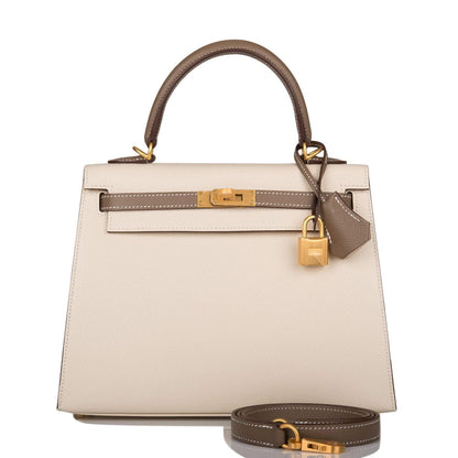 Hermes Kelly 25cm Bi-Color Craie and Etoupe Epsom Sellier  Brushed Gold Hardware