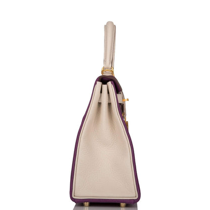 Hermes Kelly 25cm Brushed Gold Hardware Bi-Color Anemone and Craie Togo Retourne