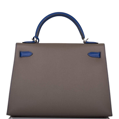 Hermes Kelly 32cm Bi-Color Etain and Bleu Electric Epsom Sellier Palladium Hardware