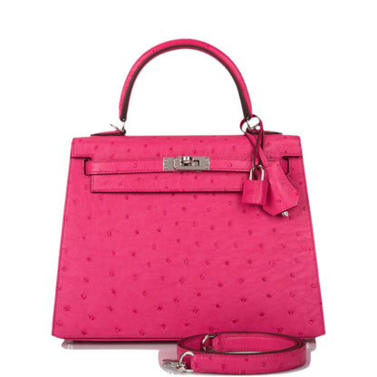 Hermes Rose Tyrien Ostrich Sellier Kelly 25cm Palladium Hardware