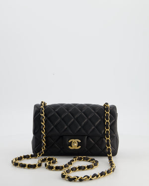 Black Mini Rectangular Flap Bag in Lambskin Leather with Gold Brush Hardware