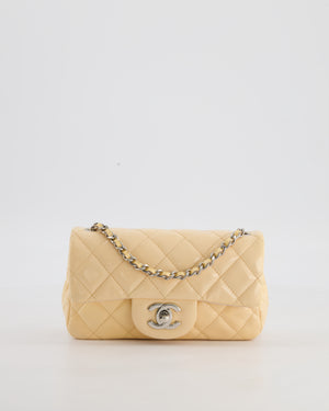 Beige Mini Rectangular Flap Bag in Patent Leather with Silver Hardware