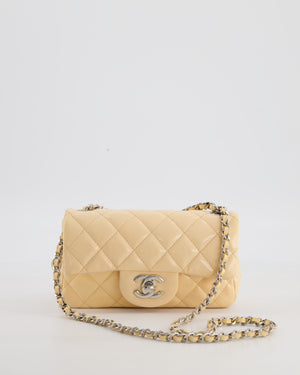 Beige Mini Rectangular Flap Bag in Patent Leather with Silver Hardware