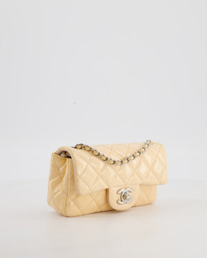 Beige Mini Rectangular Flap Bag in Patent Leather with Silver Hardware