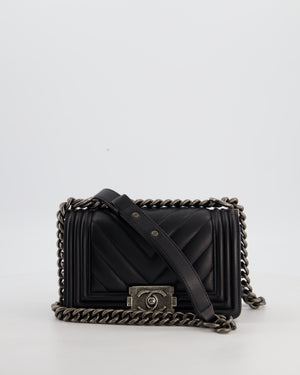 Small Boy Bag in Black Chevron Lambskin Leather with Ruthenium Hardware