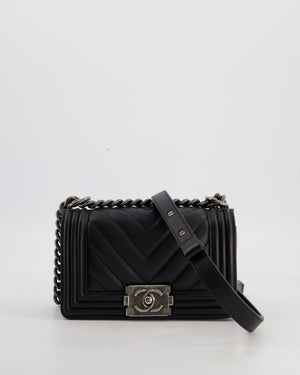 Small Boy Bag in Black Chevron Lambskin Leather with Ruthenium Hardware