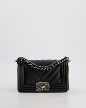 Small Boy Bag in Black Chevron Lambskin Leather with Ruthenium Hardware