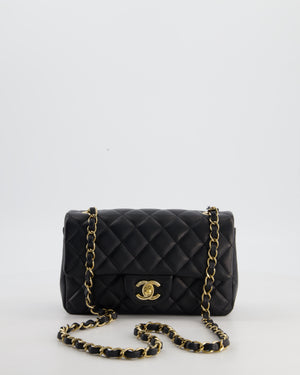 Black Mini Rectangular Flap Bag in Lambskin Leather with Gold Hardware